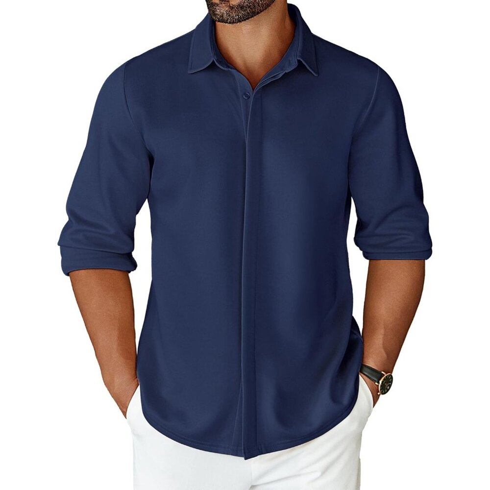Mens Blue Long Sleeve Wrinkle Free Shirt Casual Button Down Shirt Dress